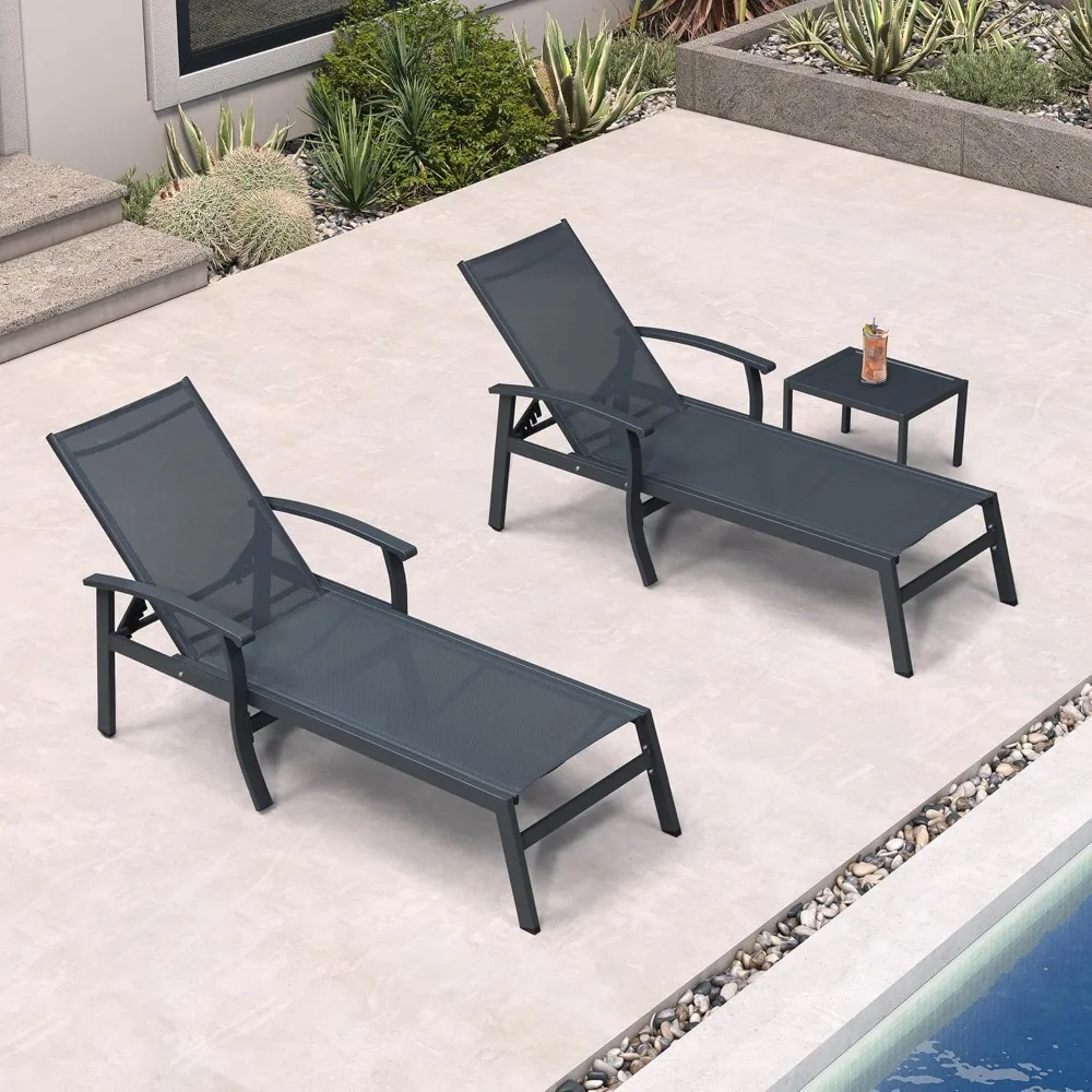 

Chaise Lounge Chair Outdoor 2 Pieces Pool Lounge Chairs 5 Adjustable Position with Armrests and Side Table Aluminum Patio Loung