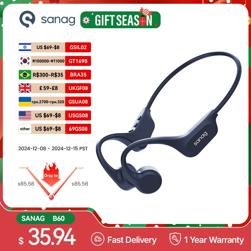 # Sanag B60 True Bone Conduction Wireless Earphone Swimming Riding Headphones 64GB Memory Offline Local MP3 Playback Earbuds