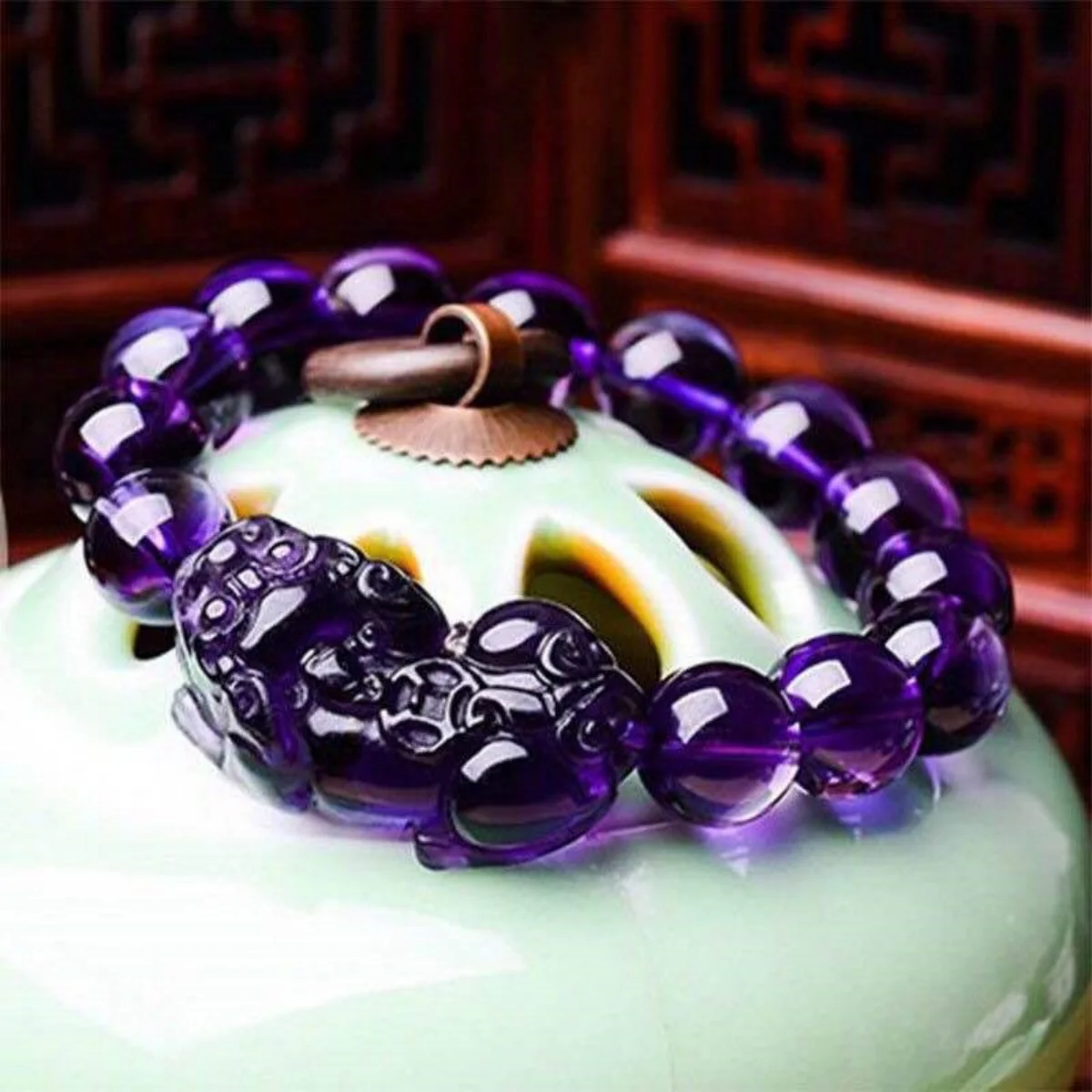 Chinese Fengshui Crystal Pixiu Bracelets For Women Men Simple Black Obsidian Purple Yellow Crystal Beaded Bangles Lucky Jewelry