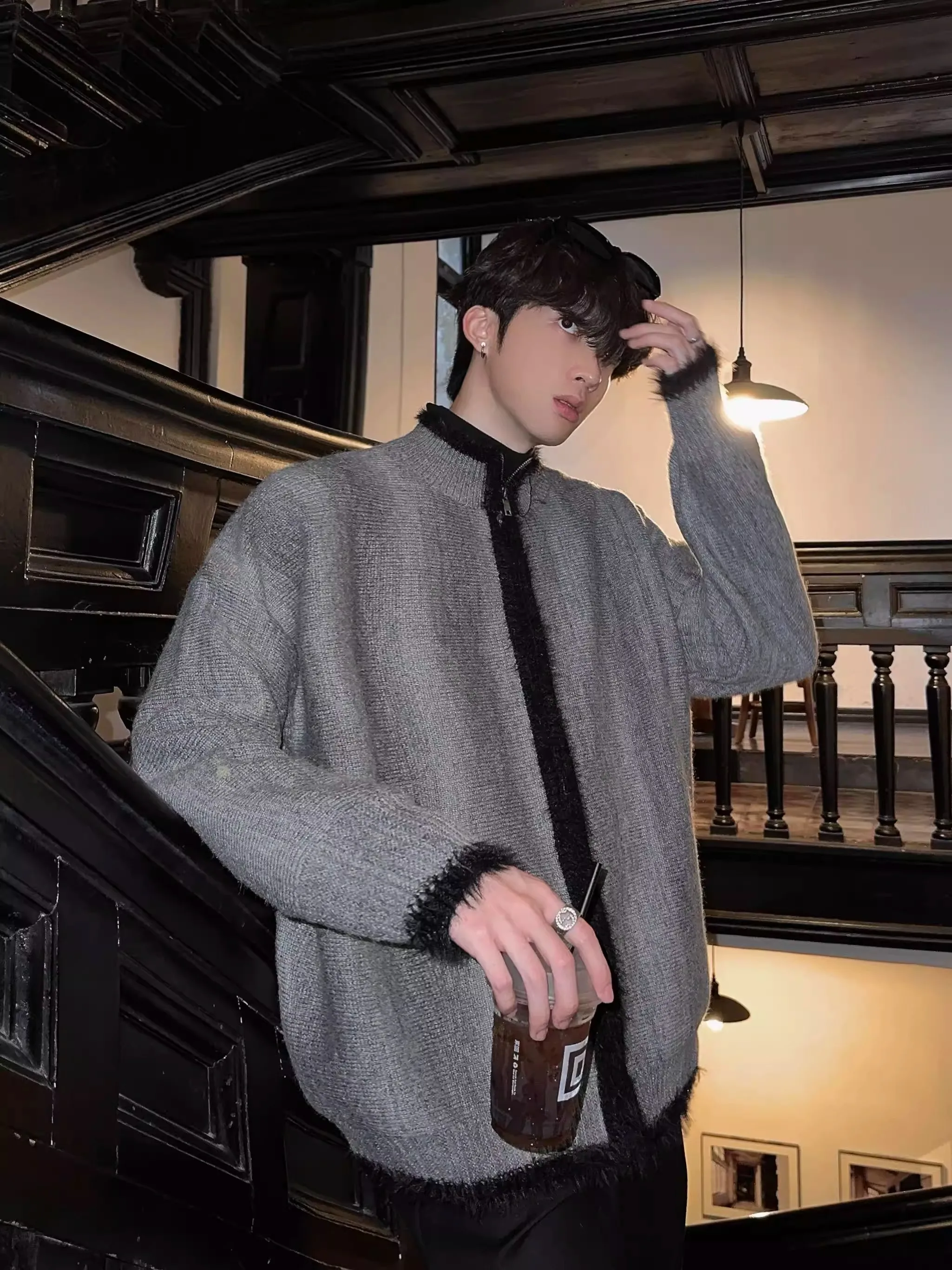 

American Contrast Color Trendy Zipper Open Cardigan Retro Knitwear Men Autumn Winter Versatile Loose Knitted Sweater Men