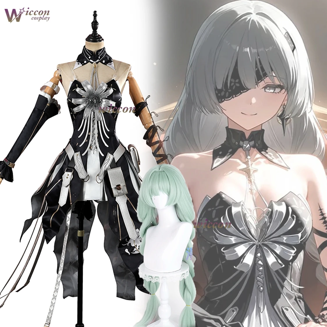 Cos C COS Wuthering Waves Phrolova Dark Gothic Ver Cosplay Black Red Cage Skirt Rose Choker Eye Patch Violin Wig Full Halloween