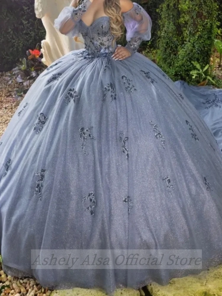 AAG321 Customized Luxury SIlver Grey Quinceanera Dresses Sweet 16 Proms Princess Appliqued Lace Party Gowns Vestido De 15 Anos