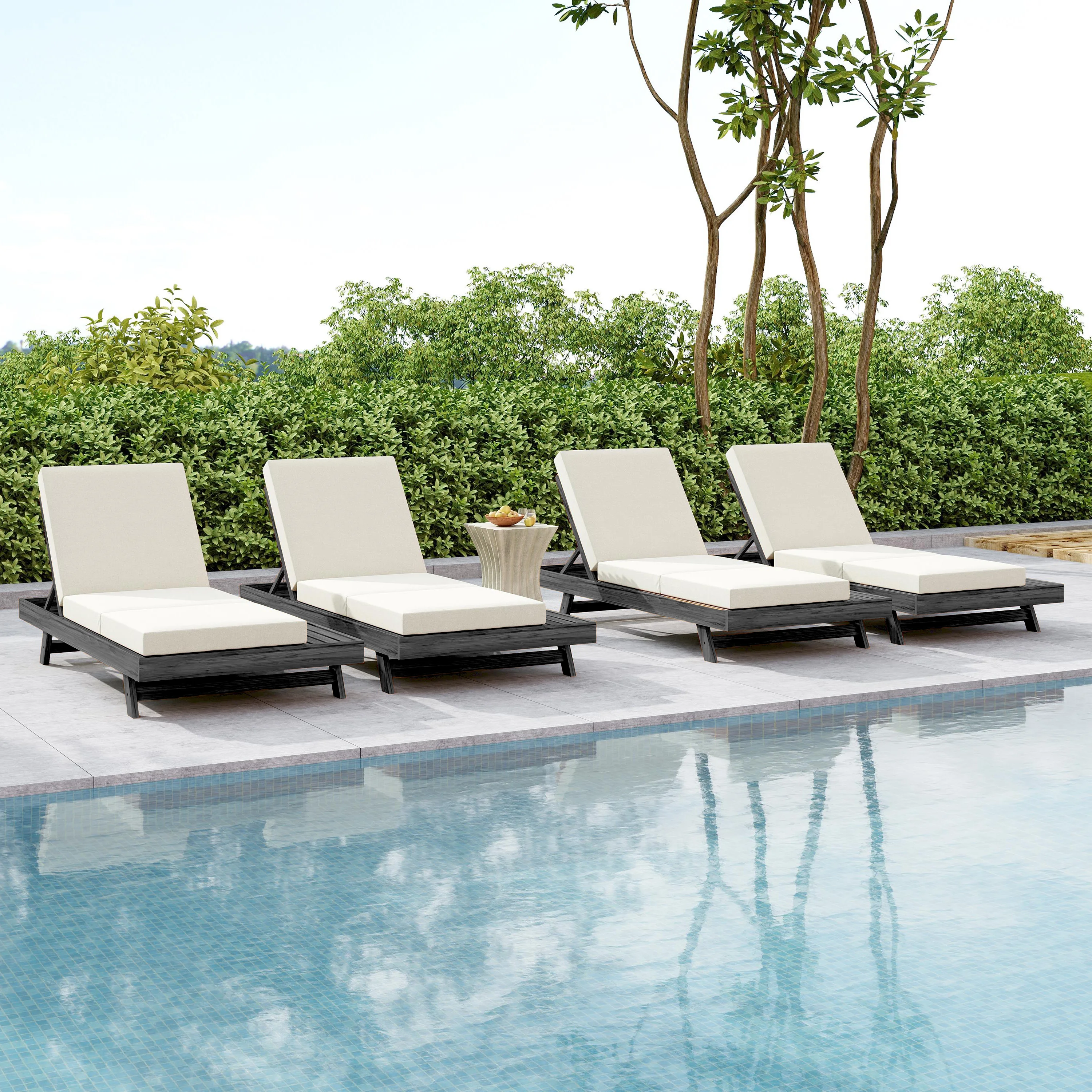 # Modern Design Acacia Solid Wood Lounge Chaise Set With Black Cushion (Cream Triple Fold) & Dark Grey Option Outdoor Use view 6