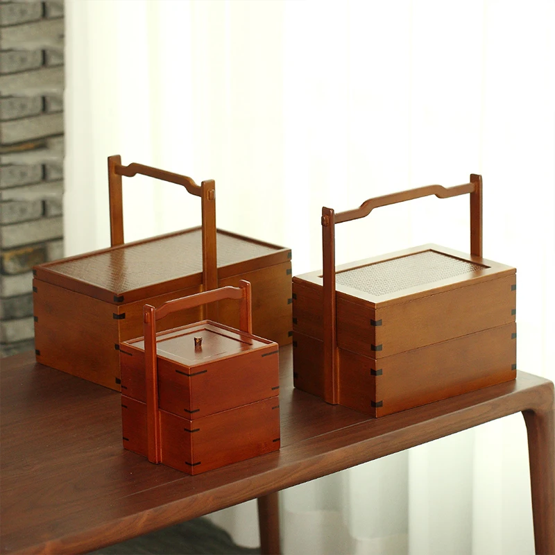 Retro Bamboo Tea Set Storage Box Portable Snack Food Box Teacup Teapot Candy Fruit Cake Dessert Retro Basket for Picnic Fishing