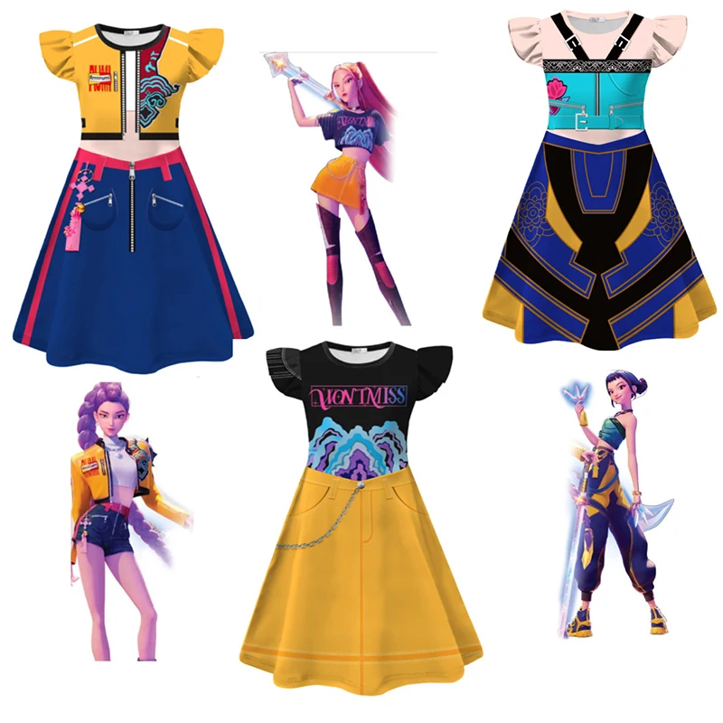 

Children Zoey Mira Rumi Demon Hunters Cosplay Costume For Girl Halloween Party Movie Group Idol Role Play Flying Sleeve Dress ﻿