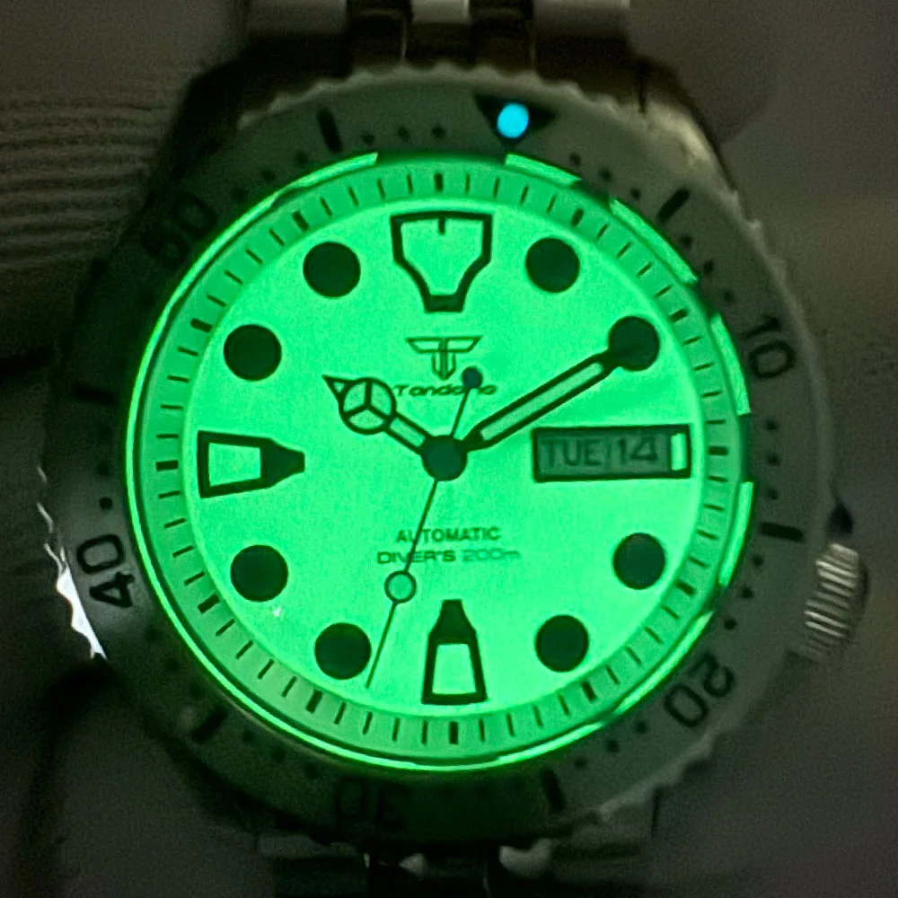 Tandorio 41mm SKX NH35A 20ATM Waterproof Dive Automatic Watch Men Green Luminous Dial Sapphire Glass Stainless Steel Bracelet