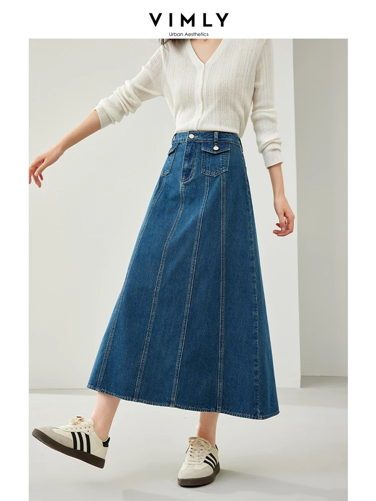 

Vimly Retro Cotton High Waist Casual Women's Denim Skirt 2024 Spring New Solid A-line Midi Jean Skirts Female Clothes 72907