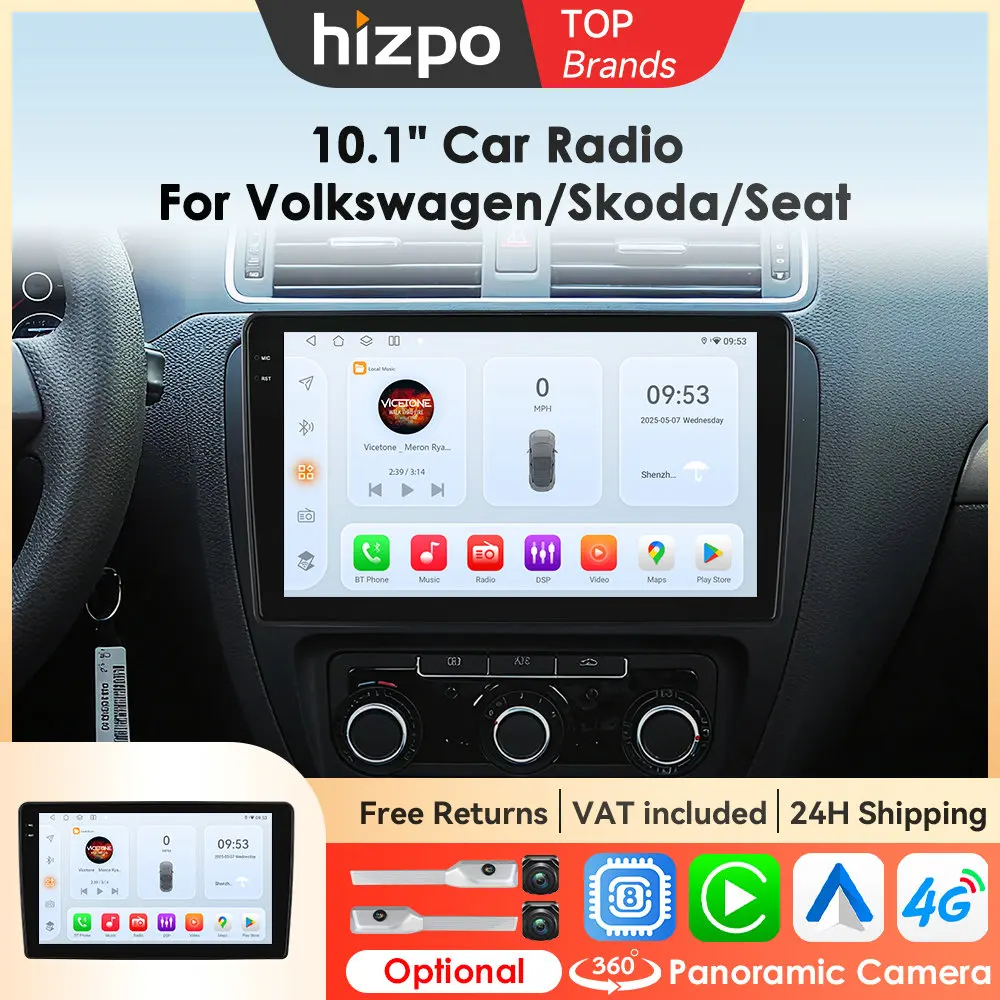 Hizpo 10,1 Zoll Android 14 Autoradio GPS für VW Volkswagen Skoda Octavia Golf 5 6 Touran Passat B6 Polo Jetta 2Din Multimedia-Player