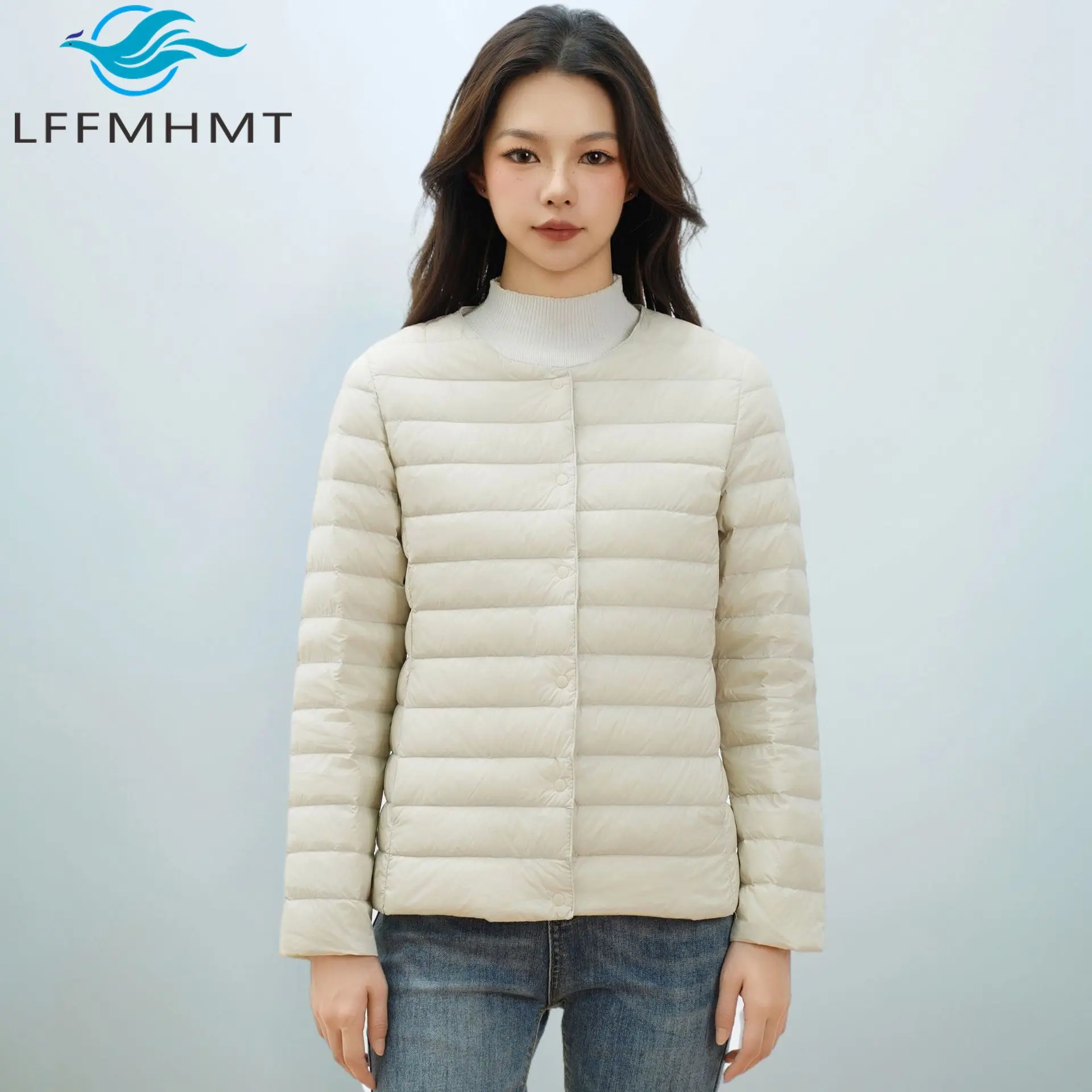 Women's Pure Color Down Jacket with 90% Down Filling Round Collar Style Simple Long Sleeves Stylish Lightweight Coats for Women