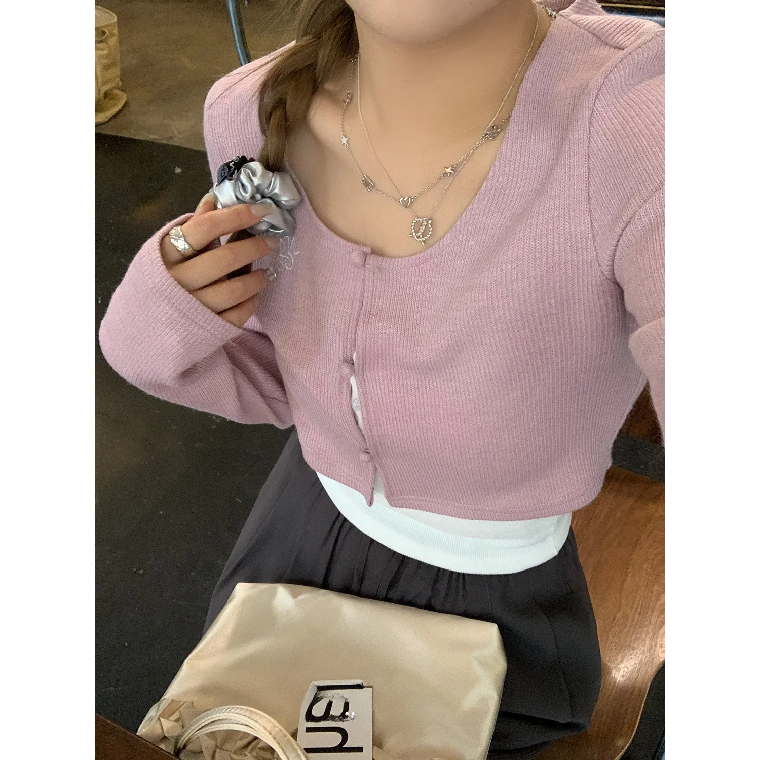 

Pink Low-Ne Knitted Open Cardigan Slim Fit Spring Summer Thin Y Studio Knitted Top Women's Faion BM Sle