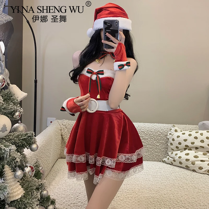 Christmas Sexy Plush Bunny Girl Uniform Cosplay Costume Velvet New Year Red Dress Nightdress RolePlay Outfits Underwear for Girl