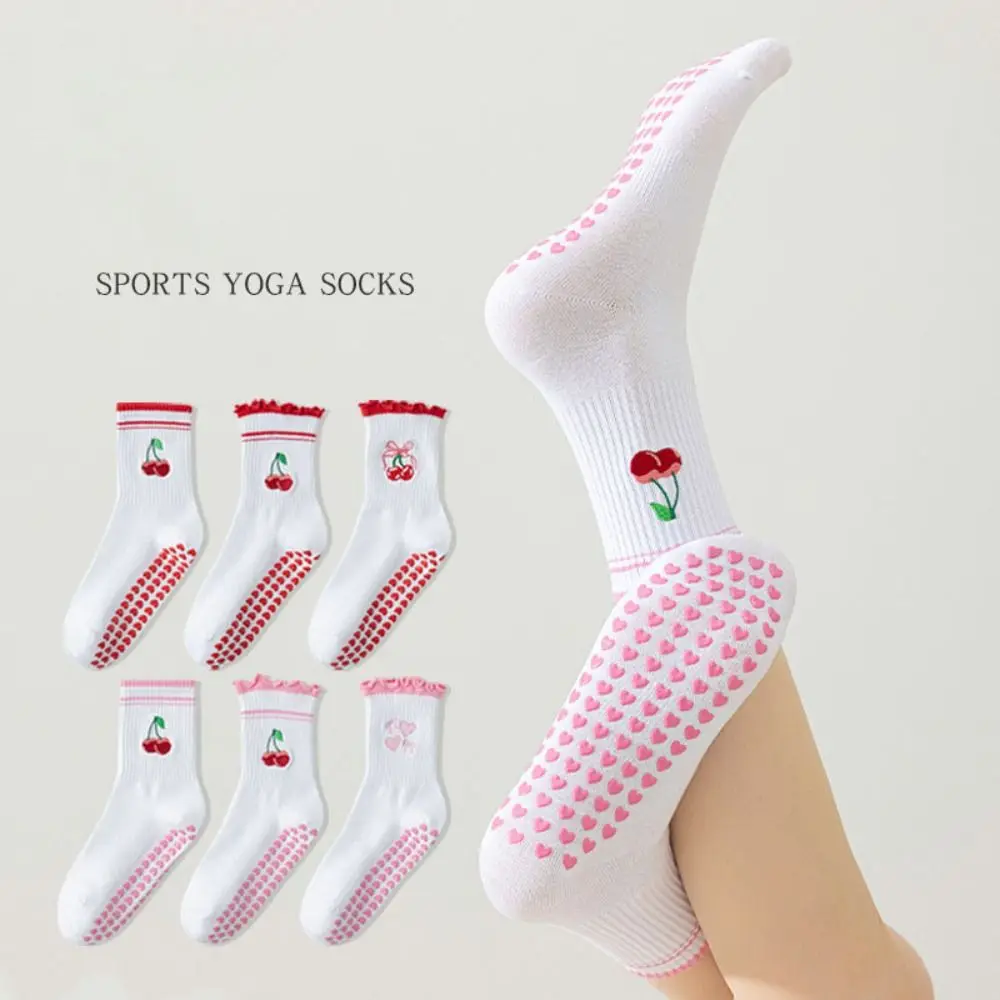 New Cotton Pilates Socks Harajuku Street Breathable Cherry Embroidery Socks Casual Non-Slip Grip Mid Tube Socks