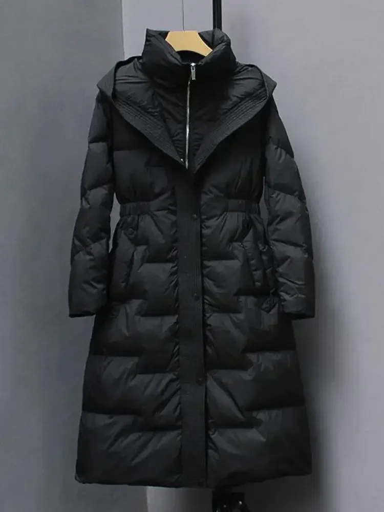 Pop 2025 New Winter Hooded Over The Knee Puffer Coats Women Thickened Warm Long Sleeve Down Cotton-padded Waterproof Parka
