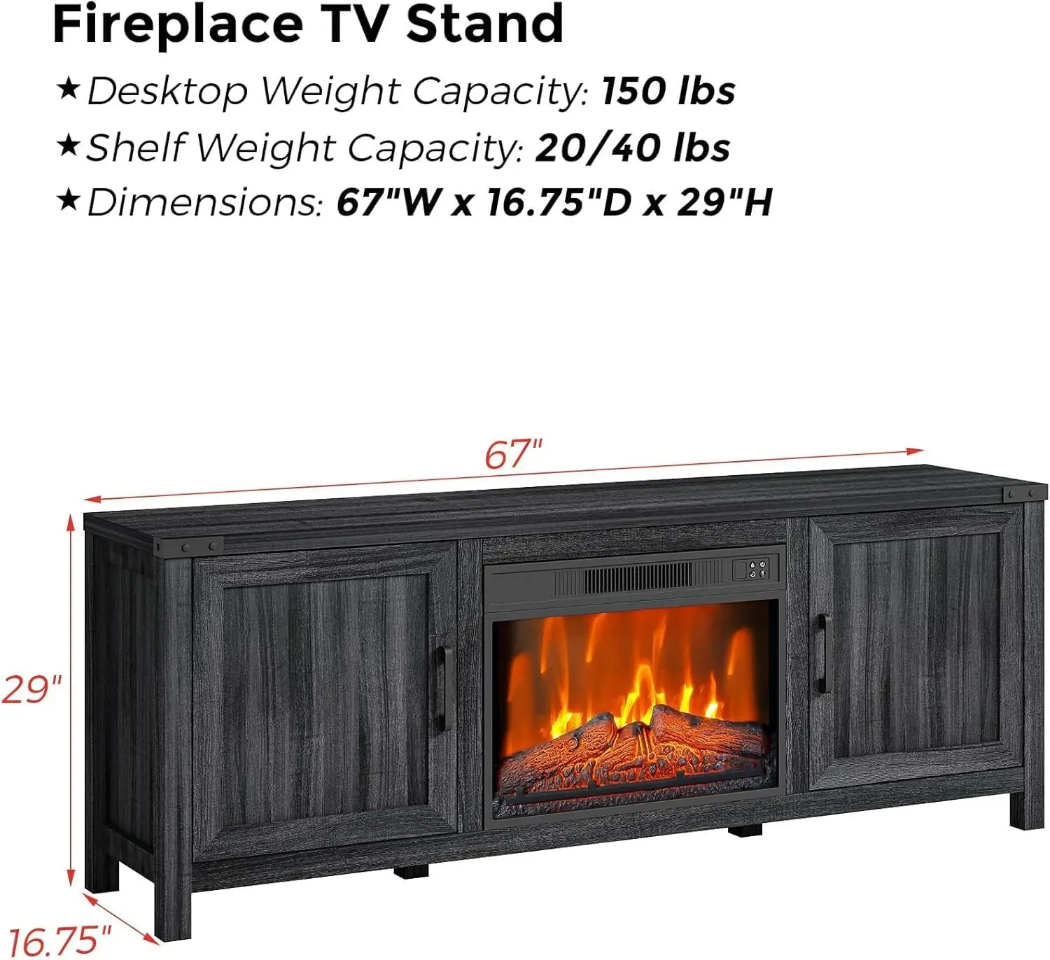 67 "Open Haard Tv-Standaard, 23" Elektrische Open Haard Insert, Zwarte Vrijstaande Tv-Standaard Met Open Haard Verwarming Afstandsbediening, Timer