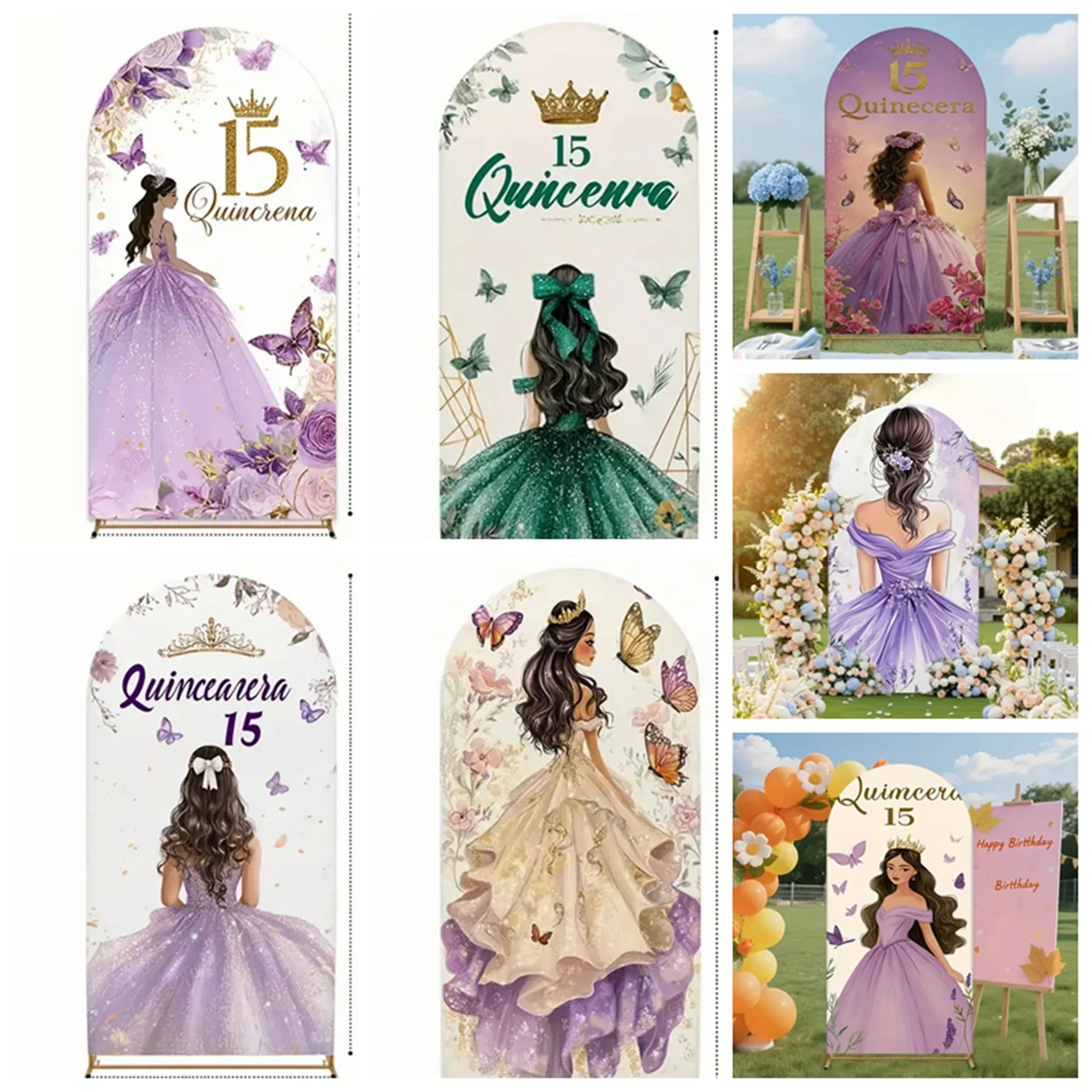 

15th Birthday Arch Background Floral Butterfly Purple Dress Gold Crown Girl Coming of Age Ceremony Birthday Party Decorations