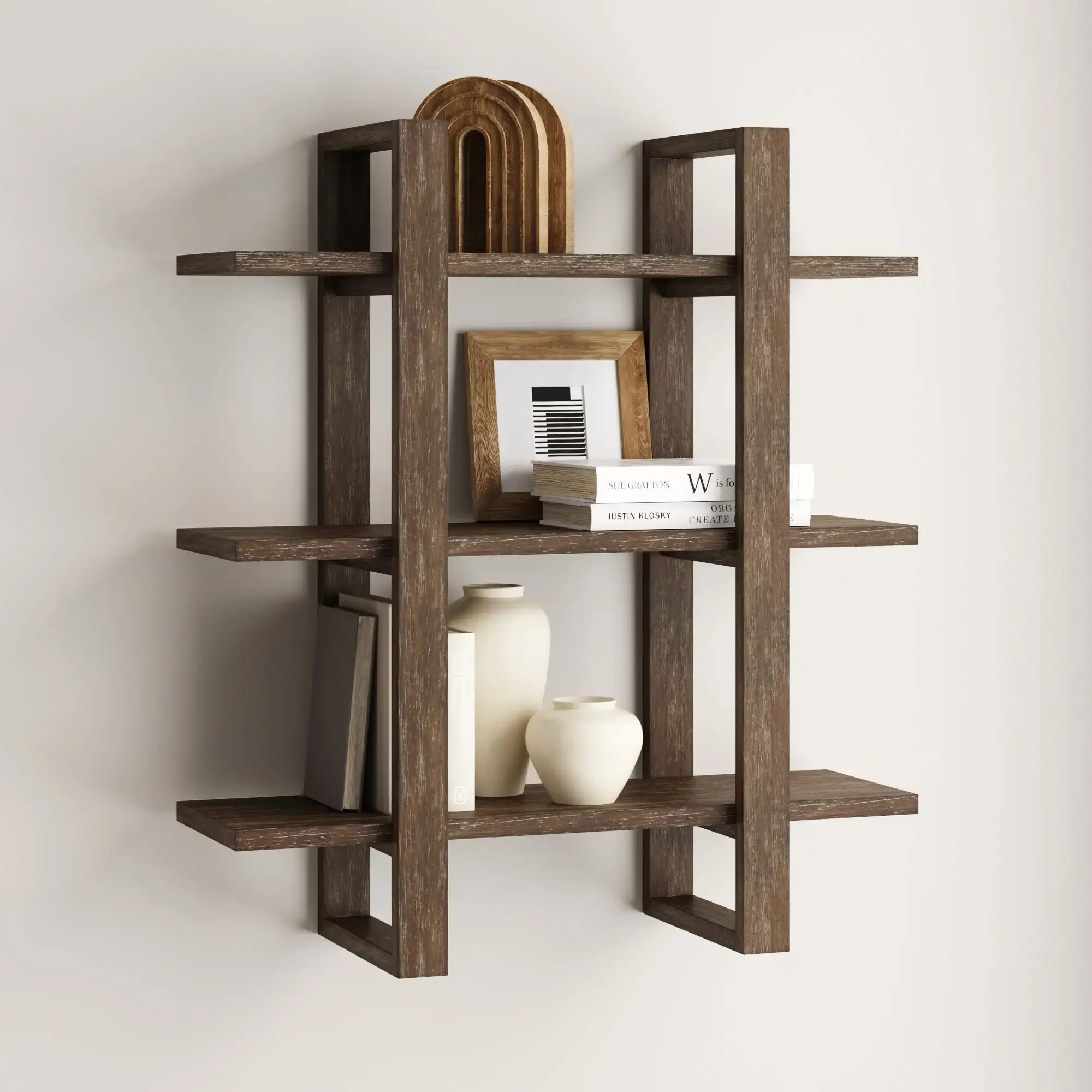 Nathan James Benji Floating Wall Book Shelves, 3-Tier Display Shelf, Decorative Modular Shelf in Solid Wood, Dark Brown