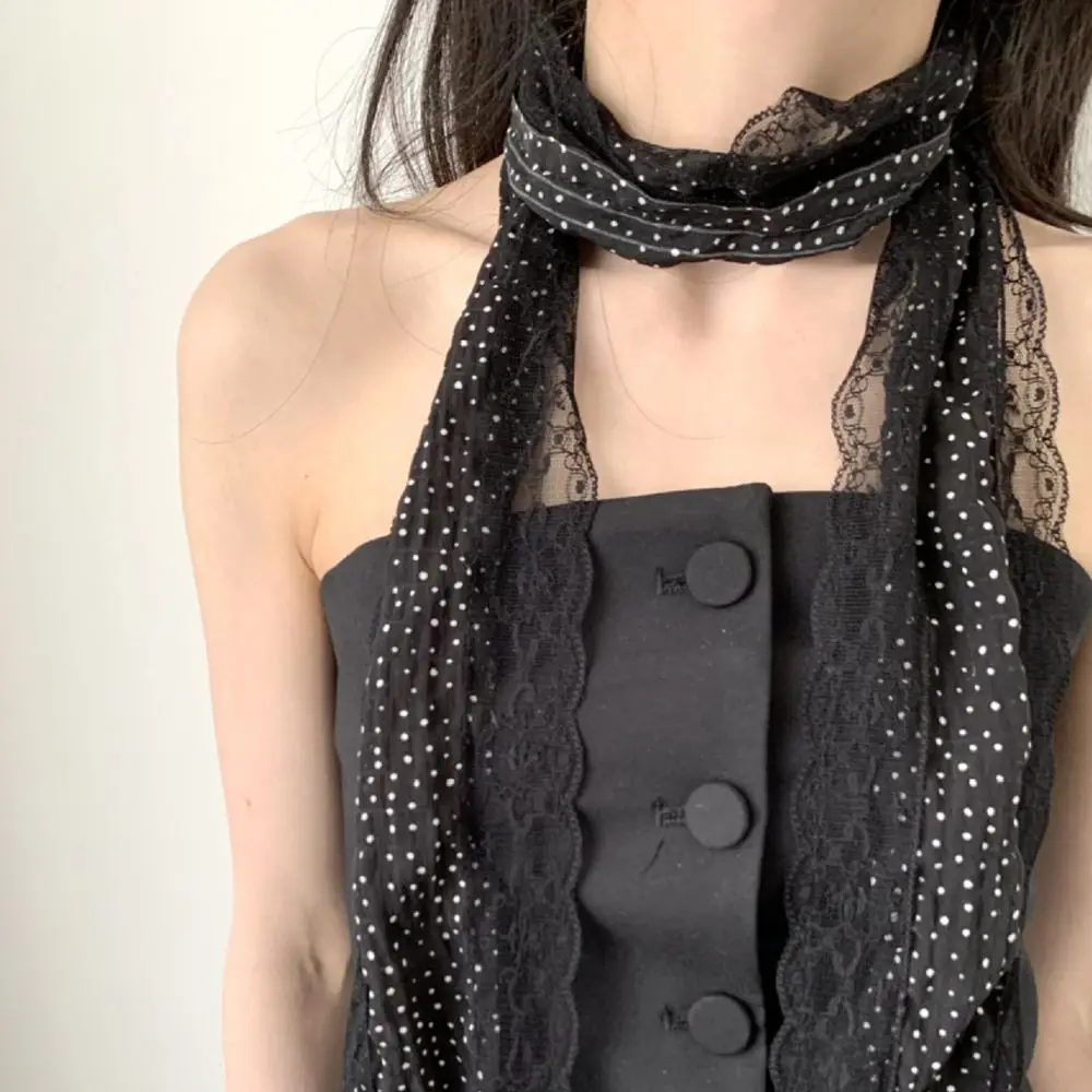 

Trendy Dots Lace Scarf French Style Lace Edge Photo-Ready Shawl Black White Pink Long Slim Headband Spring Summer