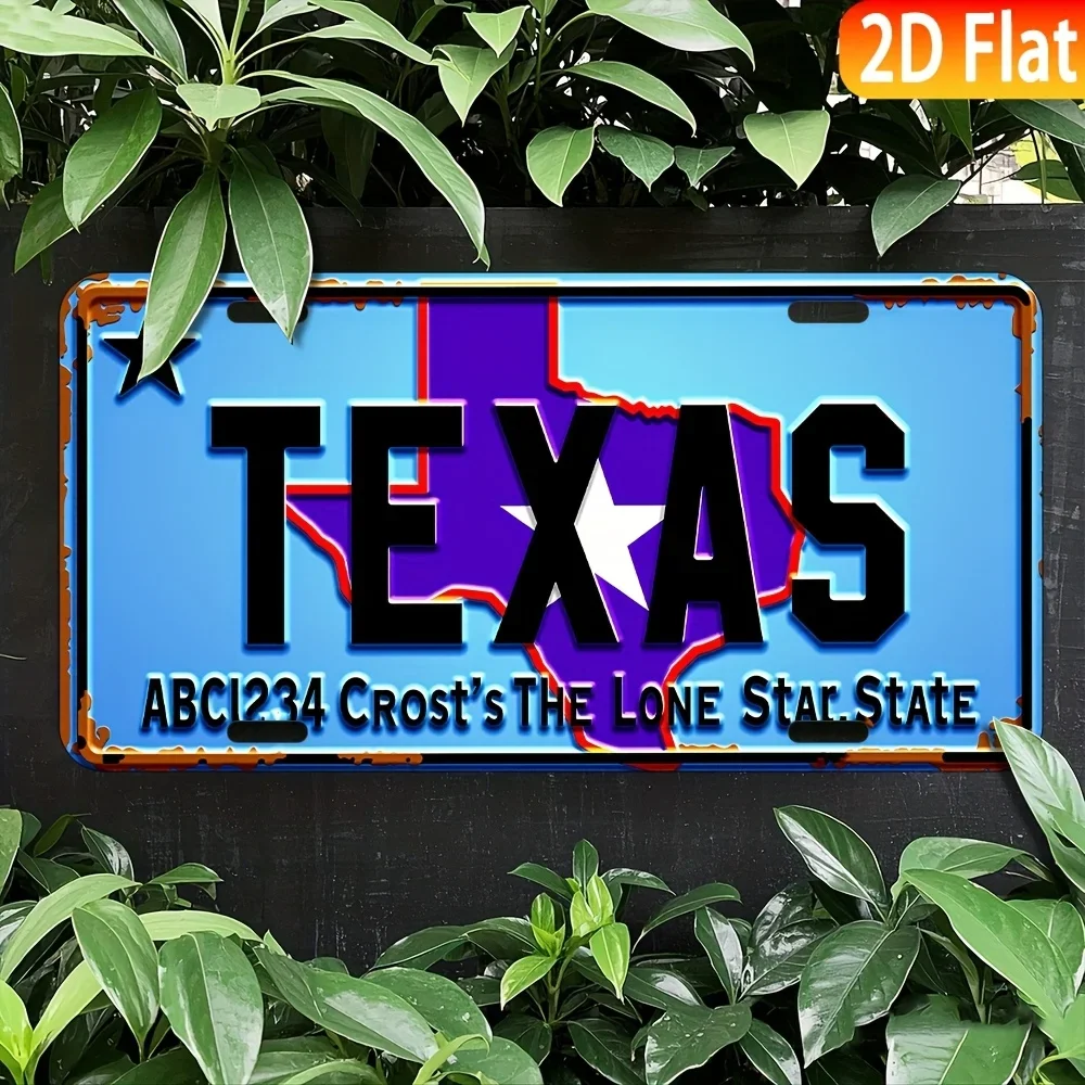 2D Flat - 1pc Vintage Texas Metal Sign - 2D Flat Aluminum Wall Decor with Star and 
