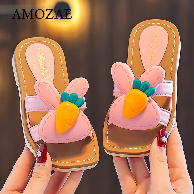 أزياء الأطفال الفتيات النعال رسالة م الزهور الجزرة لطيف شبشب شاطئ الصيف داخلي في الهواء الطلق وحيد عدم الانزلاق فستان يومي الأحذية #4