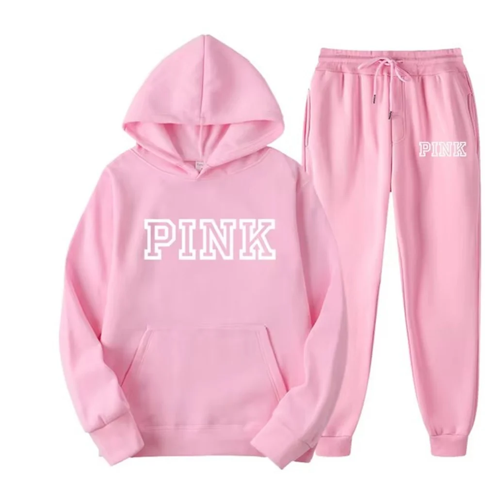 PINK Hoodies Casual American Style Hoodie Set Women Autumn Long Sleeves Hooded Loose Pullover Street Sweatshirt