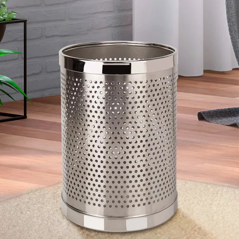 Perforated thickened stainless steel trash can, perforated hollowed-out living room bathroom without lid, round paper basket, ho