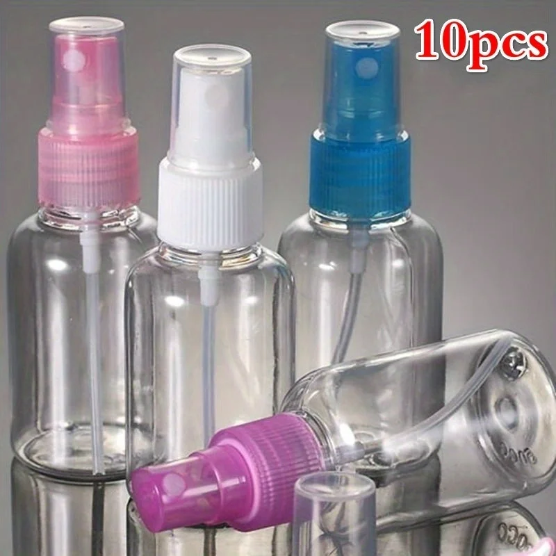 10Pcs Plastic Transparent 50ml Small Empty Spray Bottles for Makeup Skin Care Refillable Bottle Tools Random Color