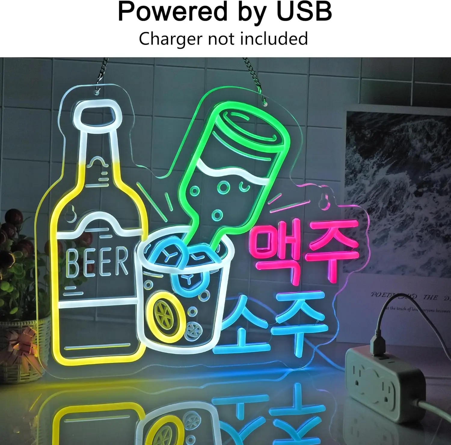 Korean Soju Beer Neon Sign Lights LED Dimmable for Izakaya Restaurant Bar Karaoke Shop Restaurant Man Cave Decor USB Powered