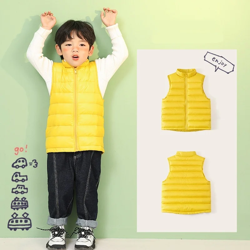 Lightweight Boys Winter Warmth Girls Plain Puffer Vest Children Turtleneck Zip Down Waistcoats Kids Outfit Tops For 3-13 Years