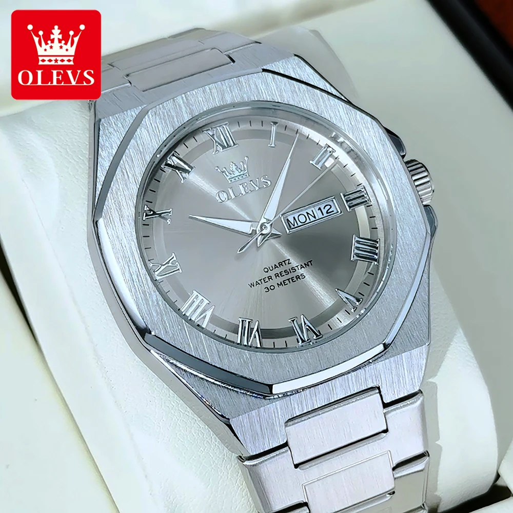 OLEVS Men's Watches Classic Fashion Fine Steel Octagonal Dial Original Quartz Wristwatch for Man Waterproof Calendar Luminous