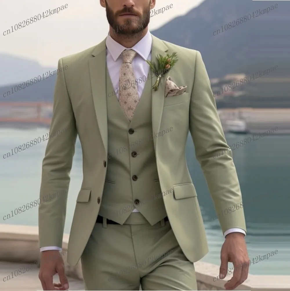 Army Green Men Suit Business Tuxedos Formal Occasion Groom Groomsman Wedding Party Prom Male 3 Piece Set Blazer Vest Pants