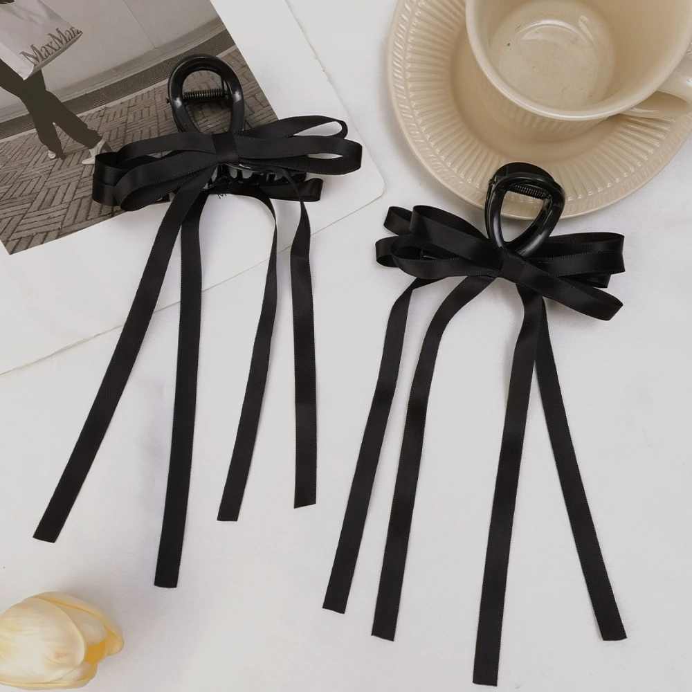 Black Bowknot Hair Claw Sweet Silk Ribbon Bow Hairpin Bang Clip Korean Girls Fashion Grab Clips Female Headwear Hair Accessories