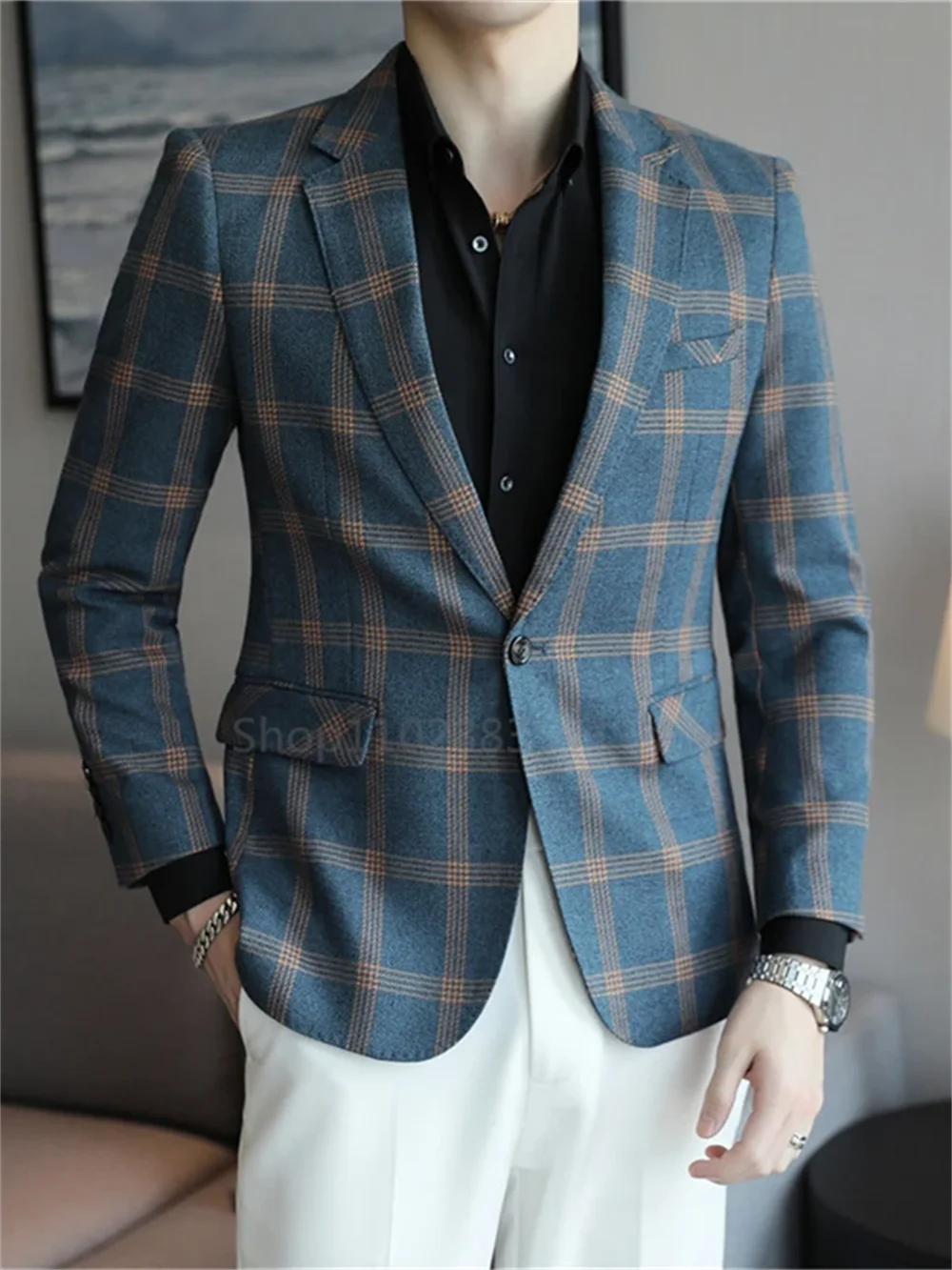 1Pieces Men\'s Blazer British\'s Style Casual Slim Fit Suit Jacket Male Plaid Blazers Single Button Men Coat Terno Masculino