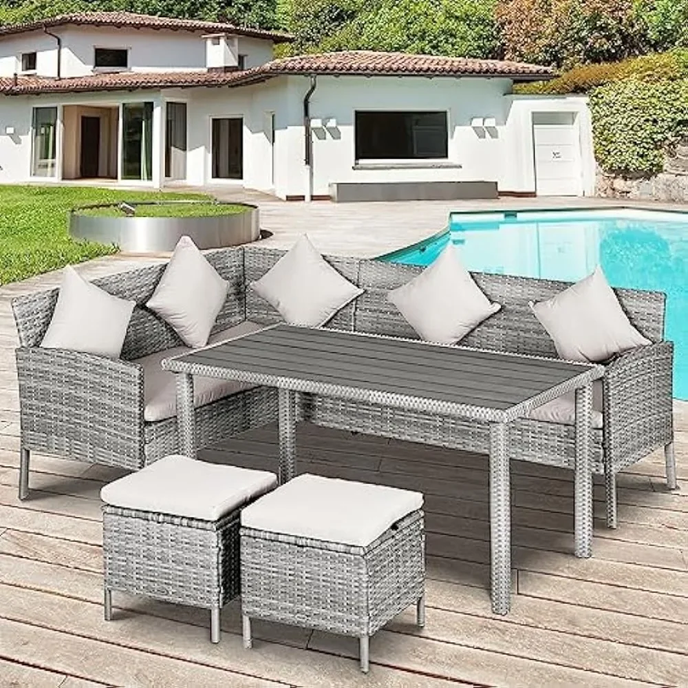 5 Piece Patio Furniture Set, Outdoor Dining Table Set with L-Shaped Sectional Sofa, 2 Ottomans, Outside Conversation