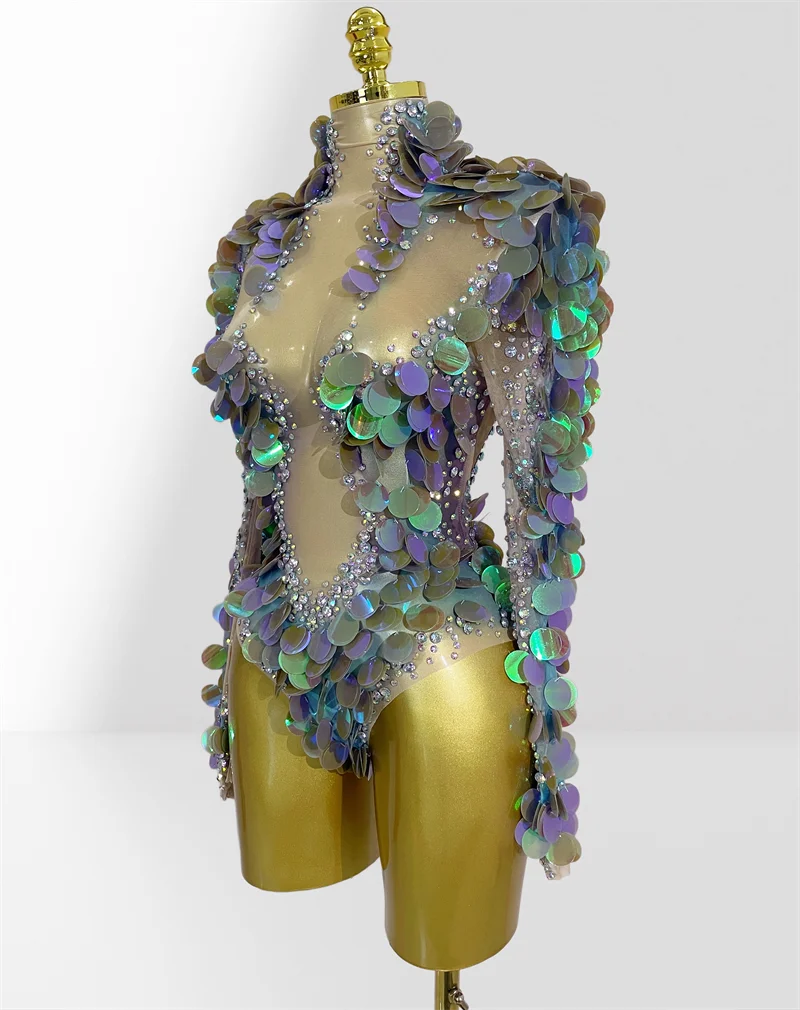 Gradient Sequins Shining Diamonds Long Sleeve Bodysuit Fashion Woman Birthday Party Dress Singer Dancer Performance Costumeg
