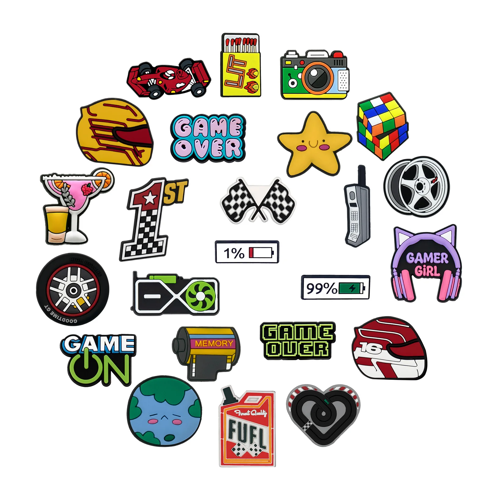 1/24PCS Fashionable Casual Shoe Charms,Racing Headphone Pins for Sandals,Flag Oil Drum Clogs Accessories for Shoe Decoration