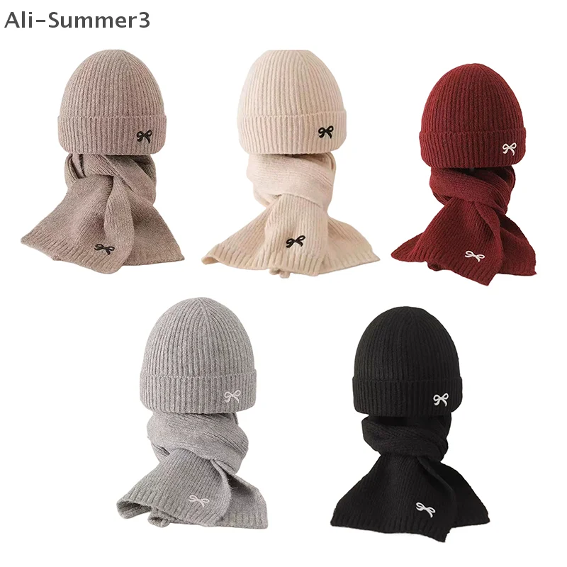 Комплект из 2 предметов, корейские детские шапки и шарфы, зимние детские стильные ветрозащитные вязаные шерстяные шапки с бантом для мальчиков и девочек от 1 до 8 лет
