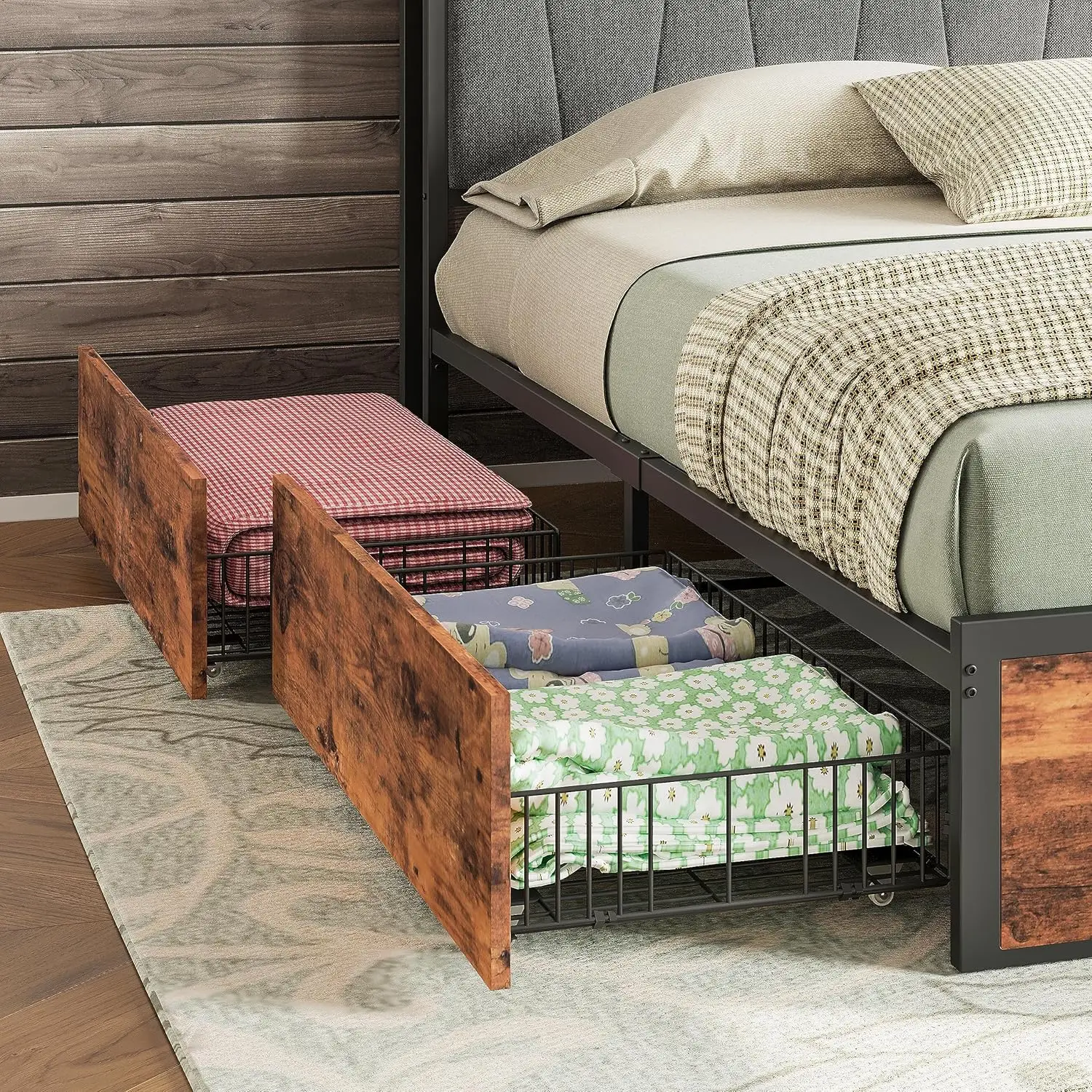 King Bed Frame with Four Storage Drawers, Platform Bed with Charged Headboard