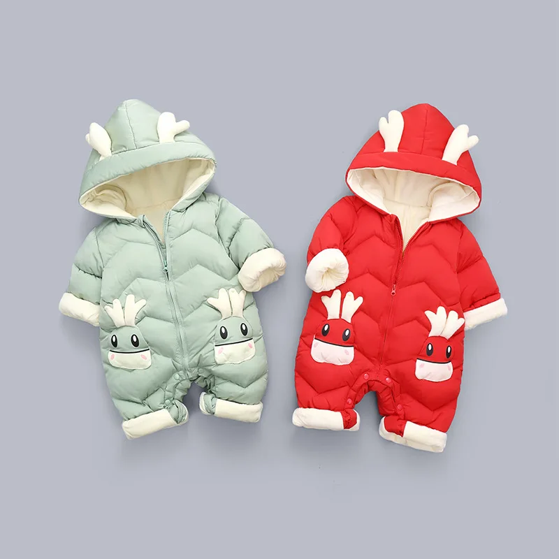 UNIFEMEN 2024 Baby Winter Snowsuit Plus Velvet Thick Baby Boys Jumpsuit 0-2 Years Newborn Boys Cartoon Romper Hooded Overalls