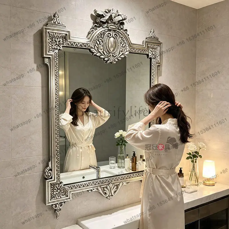 European light luxury bathroom mirror wall hanging bathroom high-end French retro bedroom carved luxury makeup mirror