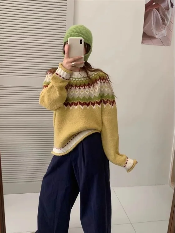 Sweter damski w stylu retro, z dzianiny Fair Isle, luźny, z okrągłym dekoltem, na jesień i zimę, gruby, dzianinowy top.