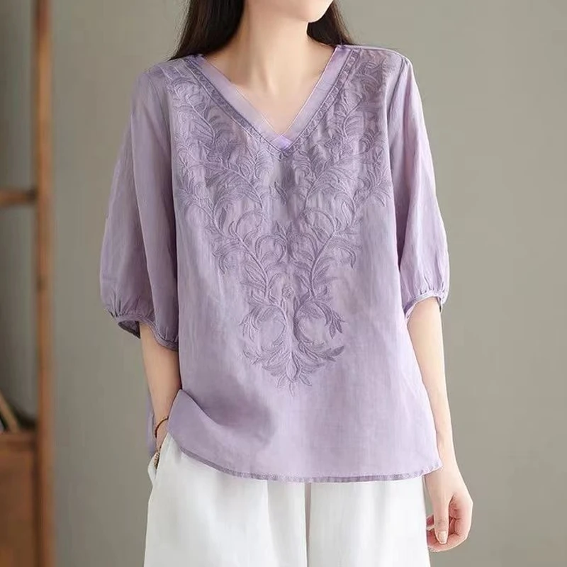 Summer V Neck Embroidery Office All-match Thin Shirt Tops Solid Half Sleeve Loose Vintage Blouse Casual Fashion Women Clothing