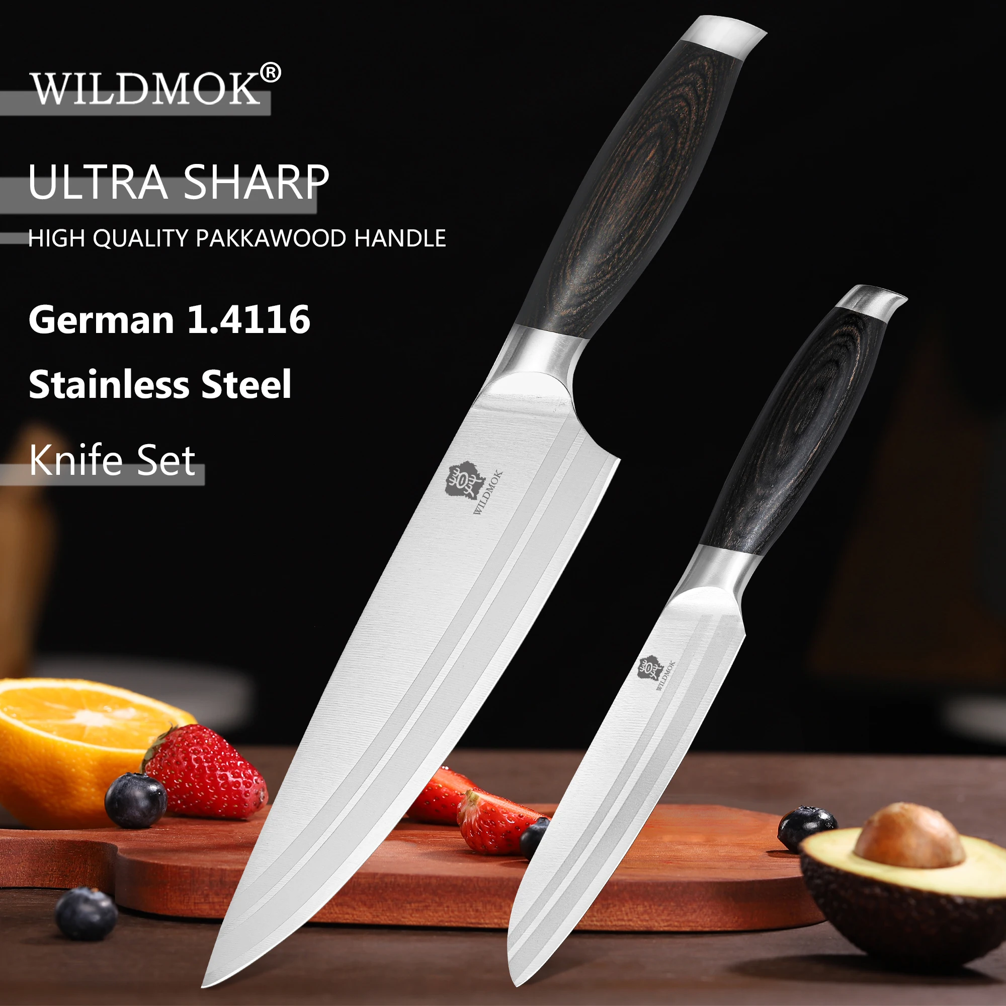 WILDMOK 2PCS Kitchen Knives Set German 1.4116 High Carbon Stainless Steel Japanese Chef Slicing Utility Knife - Pakkawood Handle