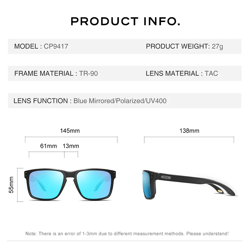 CAPONI Blue Mirror Sunglasses Men TR-90 Frame Polarized UV Ray Cut Lense Eyewear Vintage Fashion Square Men\'s Sun Glasses CP9417