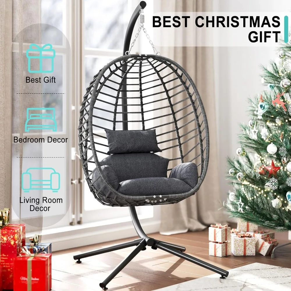 Egg Swing Chair with Stand, Outdoor Hanging Egg Chair with Stand, Indoor Eggs Chair with Cushion, Patio Wicker Swing Eggs