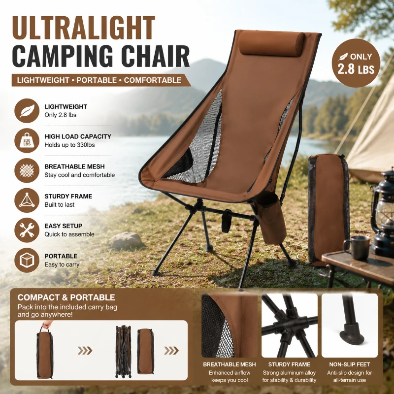 Silla Plegable Ligera para Exteriores, de Aleación de Aluminio con Reposacabezas, Mueble Portátil para Pesca, Camping y Playa