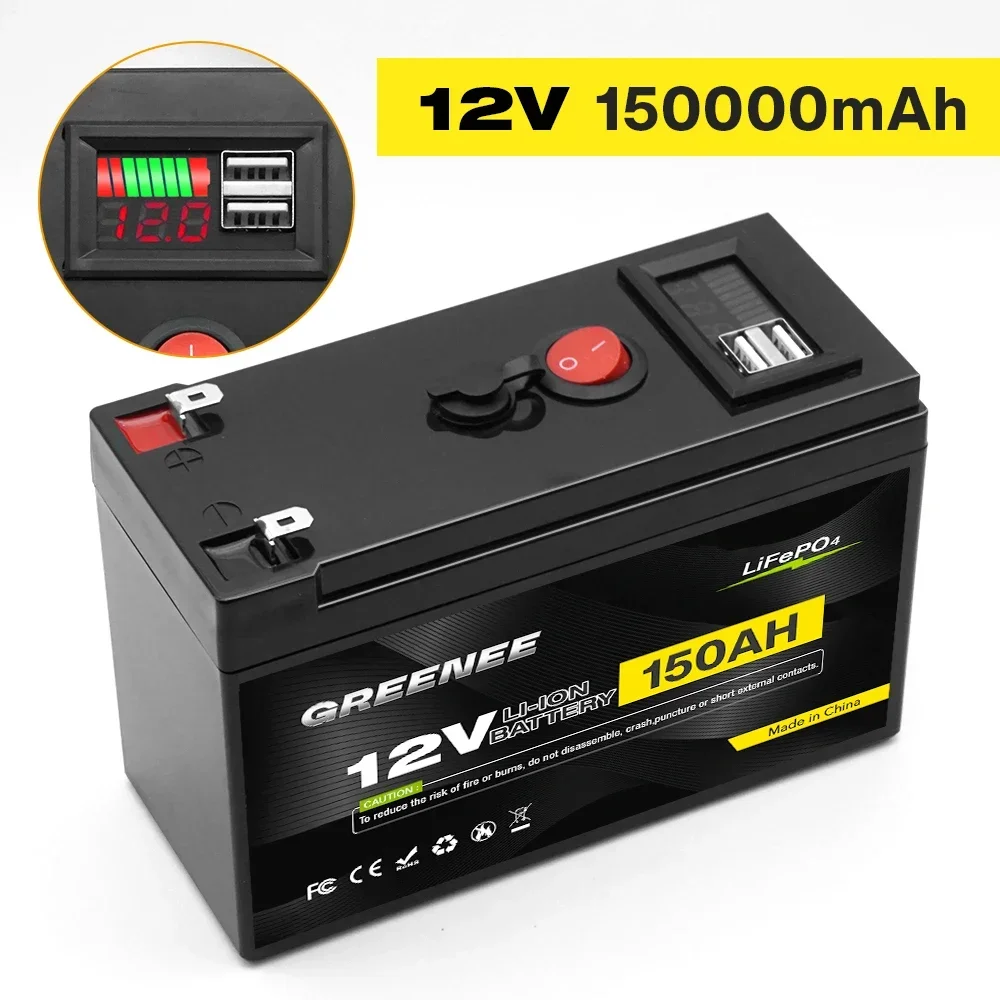 

12V 150000mAh Lithium LiFePO4 Deep Cycle Rechargeable Iron Phosphate Battery 4000+ Cycle for Solar,Fish Finder,Power Wheels