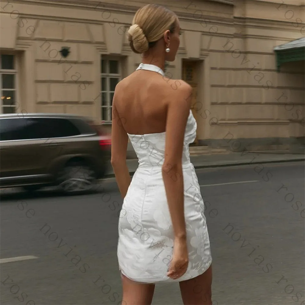 Customized Halter Neck Jacquard Wedding Dress Sleeveless Backless Short Bridal Gown 2026 Trendy Above-Knee Bride Dress White