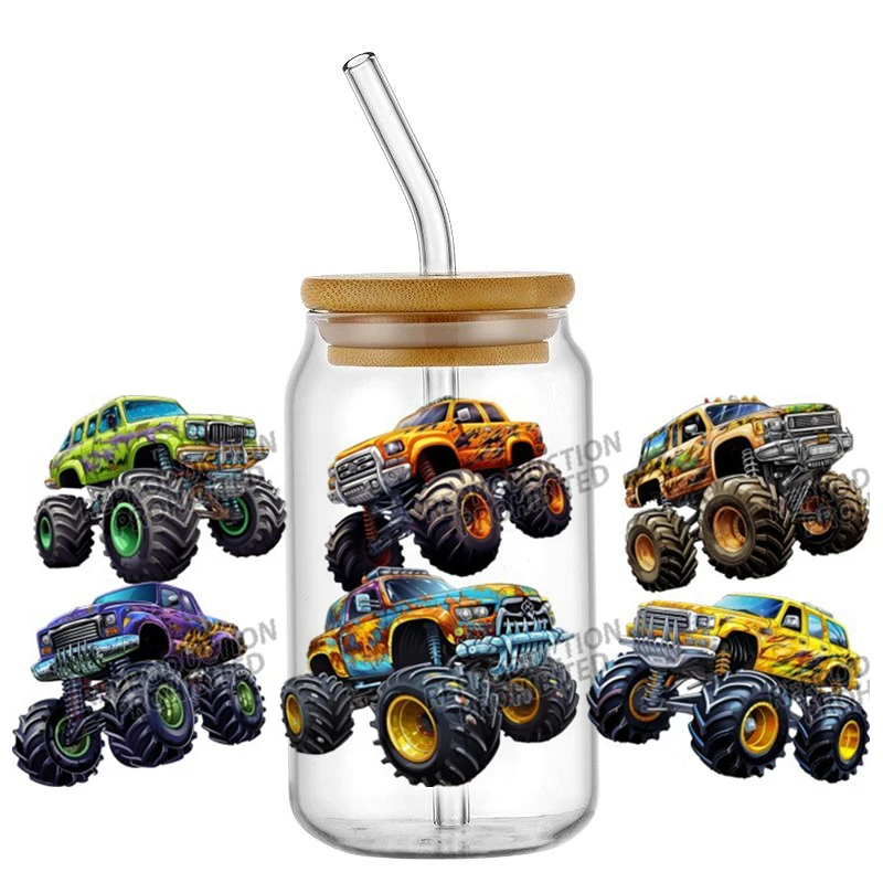 Monster Truck design UV DTF Wraps Transfer Sticker Selfadhesive Waterproof High Quality For 16OZ Libbey Glass Can home decoratio - view 3