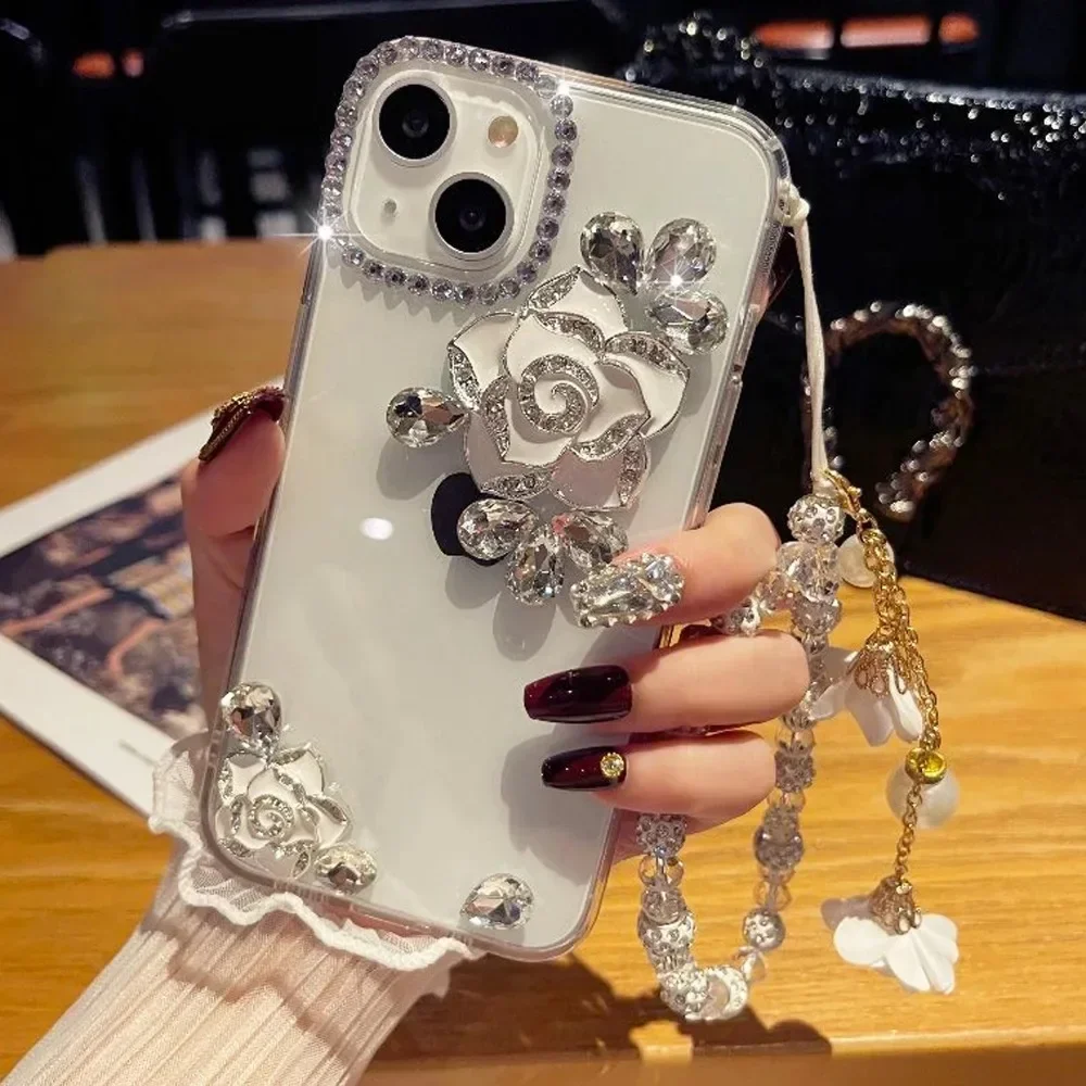 

Bling Luxury Diamond Camellia Flower Strap Phone Case for Samsung Galaxy A70S A22 A32 A52 A51 A72 A73 A53 A33 A74 A54 A34 Covers