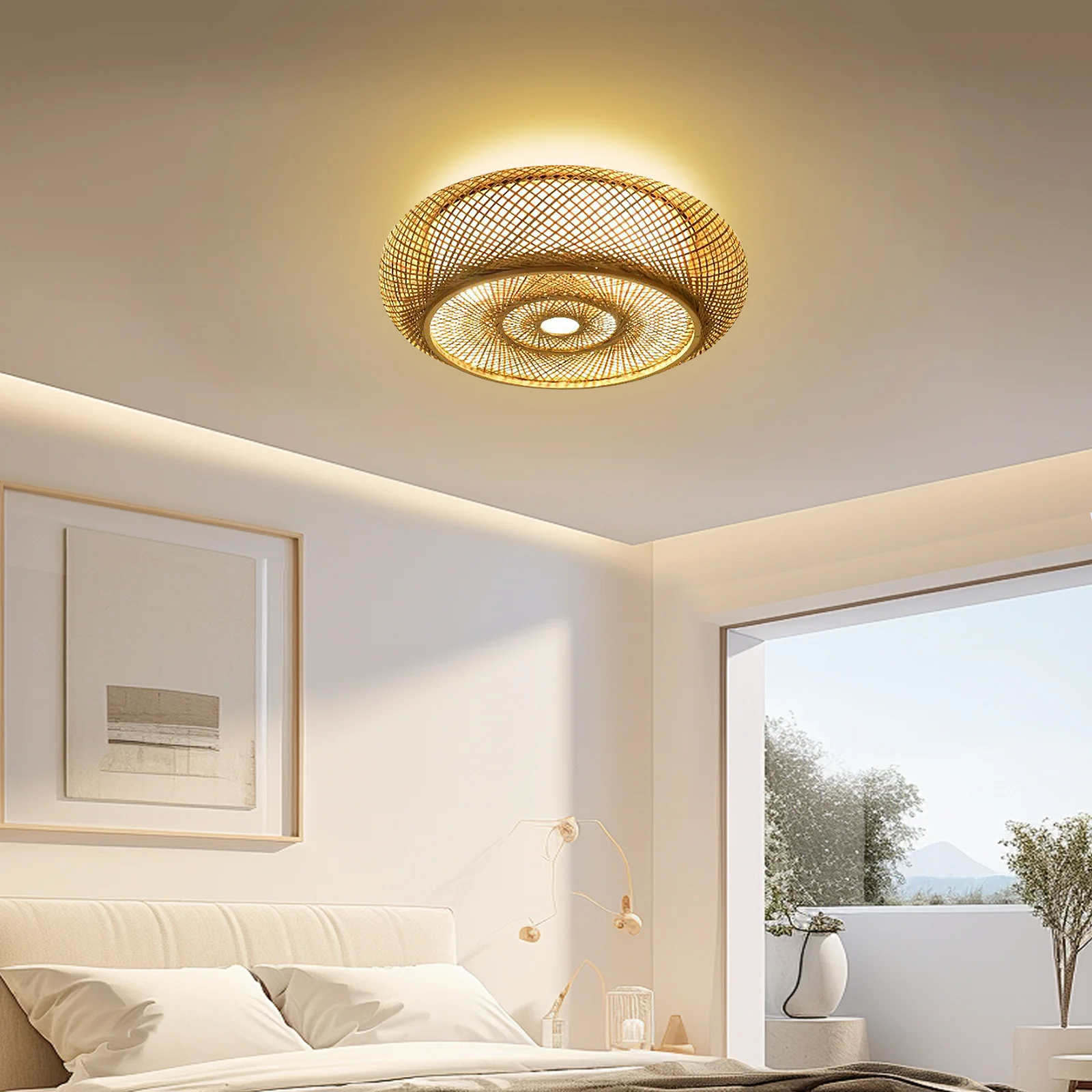 

Потолочный светильник из бамбукового плетения 50 см — светодиодный подвесной светильник с барабаном мощностью 48 Вт, основание E26, для гостиной/спальни, натуральный стиль 110 В